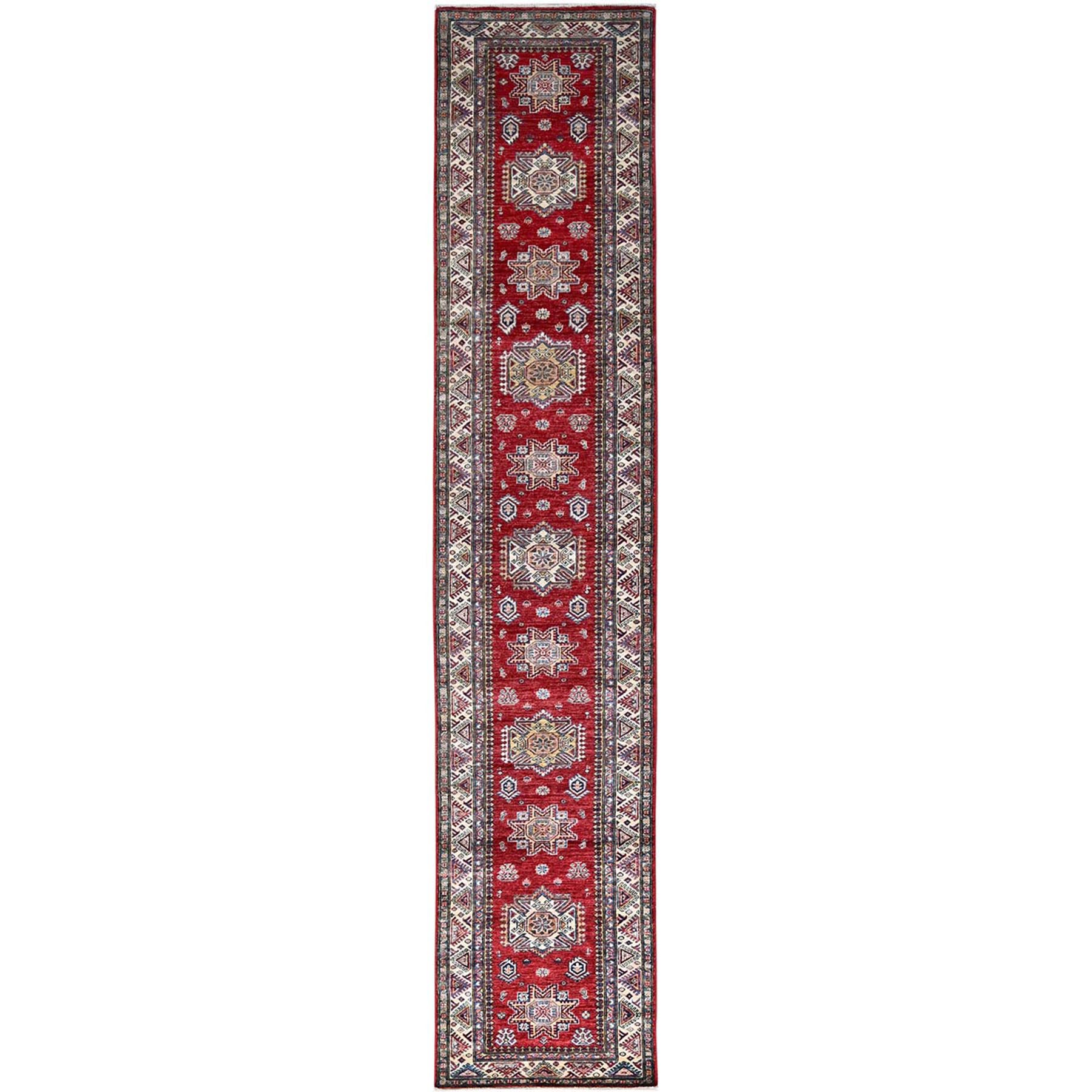 Carmine Red, Afghan Super Kazak with Geometric Medallions Design, Natural Dyes, Densely Woven, Soft and Shiny Wool, Hand Knotted, Runner Oriental Rug